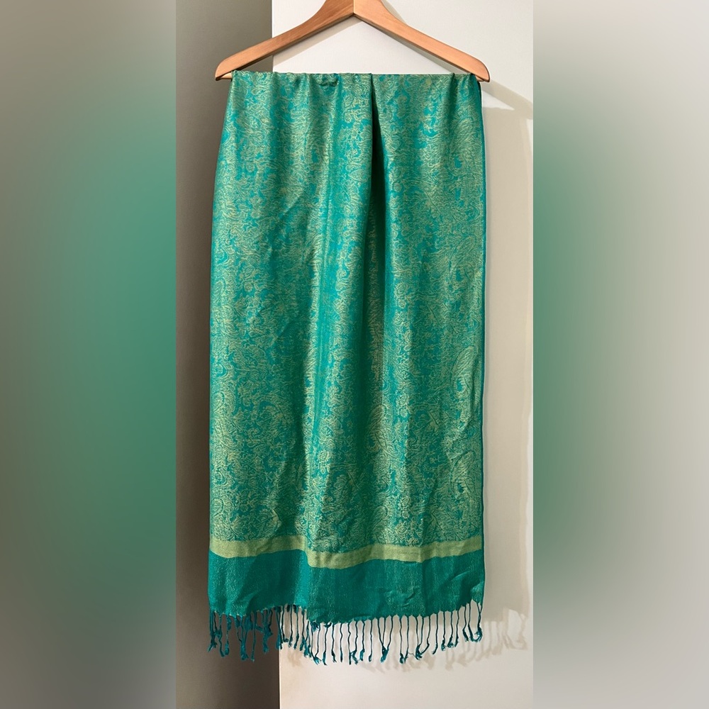 Pashmina silk and wool blend blue yellow green paisley floral wrap or scarf
